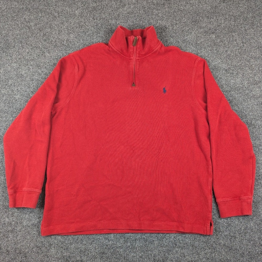 Polo Ralph Lauren Mens XL Red 100% Cotton Quarter Zip Pullover Sweater Logo